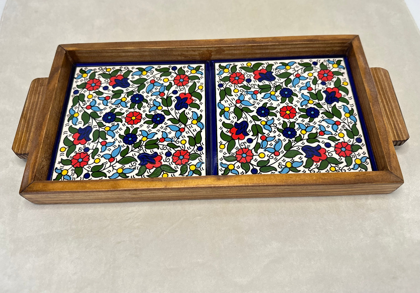 handgefertigte Servierplatte aus Olivenholz und Keramik Kunsthandwerks Boden 31 cm x 17 cm