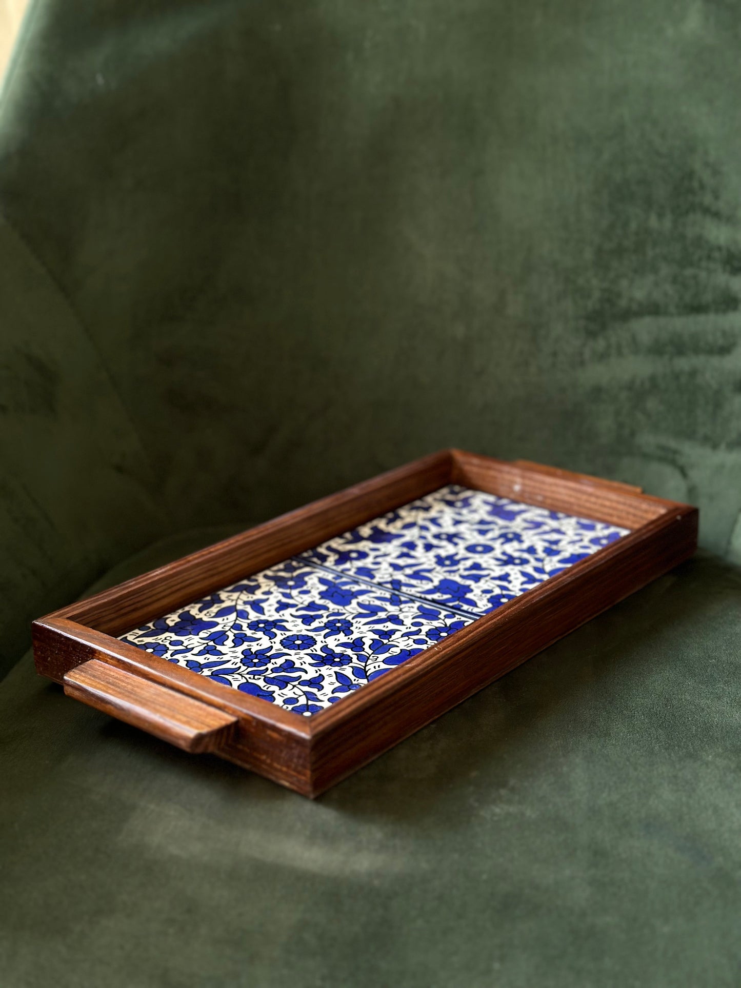 handgefertigte Servierplatte aus Olivenholz und Keramik Kunsthandwerks Boden 31 cm x 17 cm