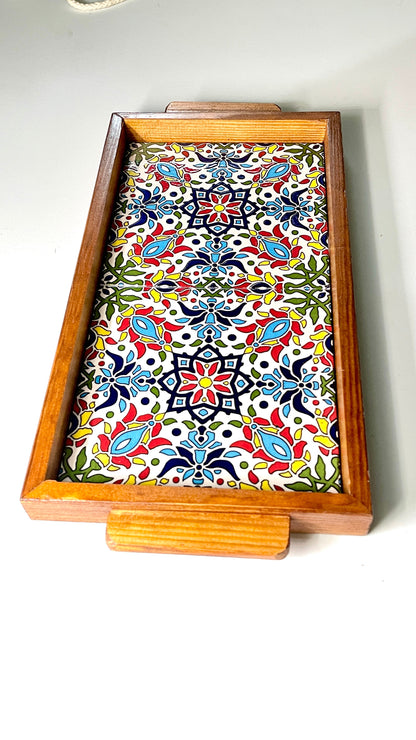 handgefertigte Servierplatte aus Olivenholz und Keramik Kunsthandwerks Boden 31 cm x 17 cm