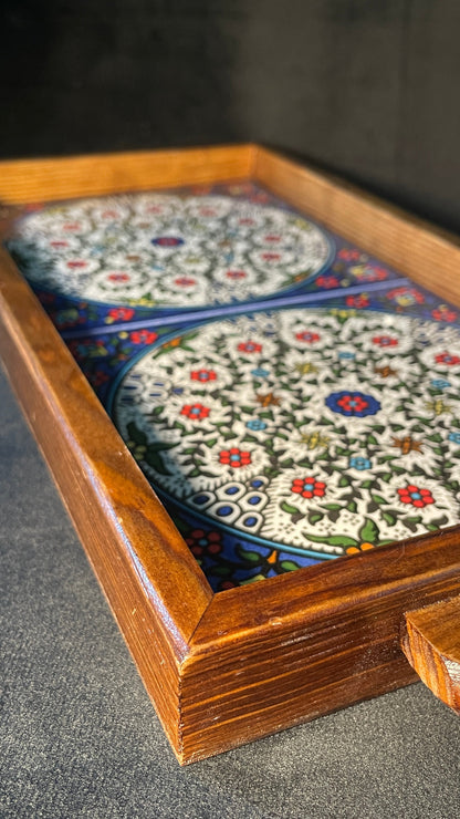 handgefertigte Servierplatte aus Olivenholz und Keramik Kunsthandwerks Boden 31 cm x 17 cm