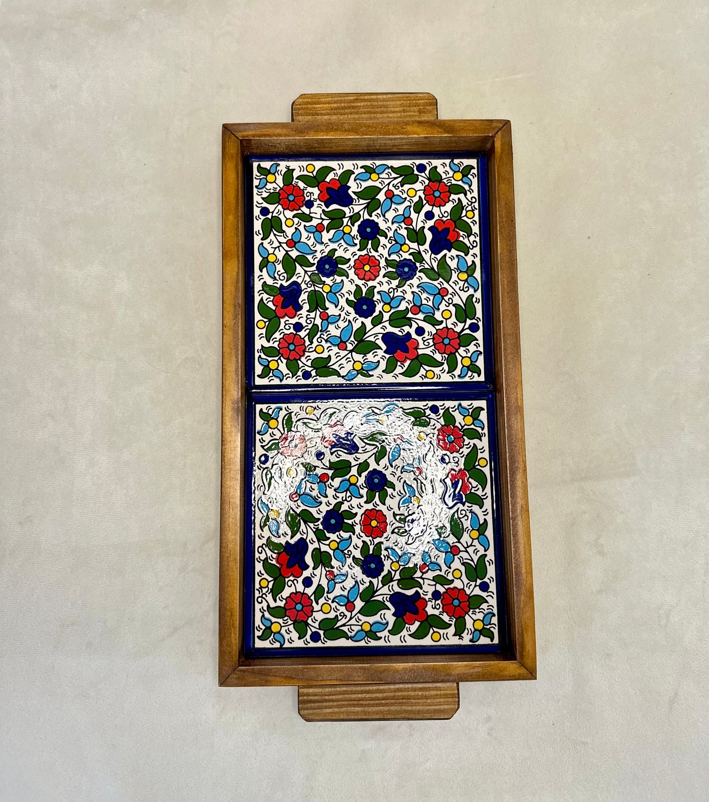 handgefertigte Servierplatte aus Olivenholz und Keramik Kunsthandwerks Boden 31 cm x 17 cm