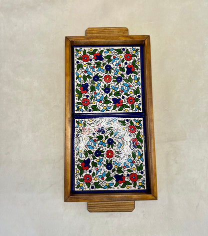 handgefertigte Servierplatte aus Olivenholz und Keramik Kunsthandwerks Boden 31 cm x 17 cm