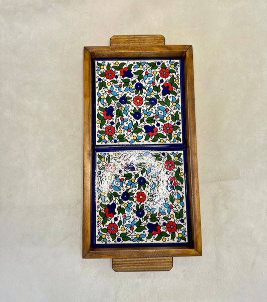 handgefertigte Servierplatte aus Olivenholz und Keramik Kunsthandwerks Boden 31 cm x 17 cm