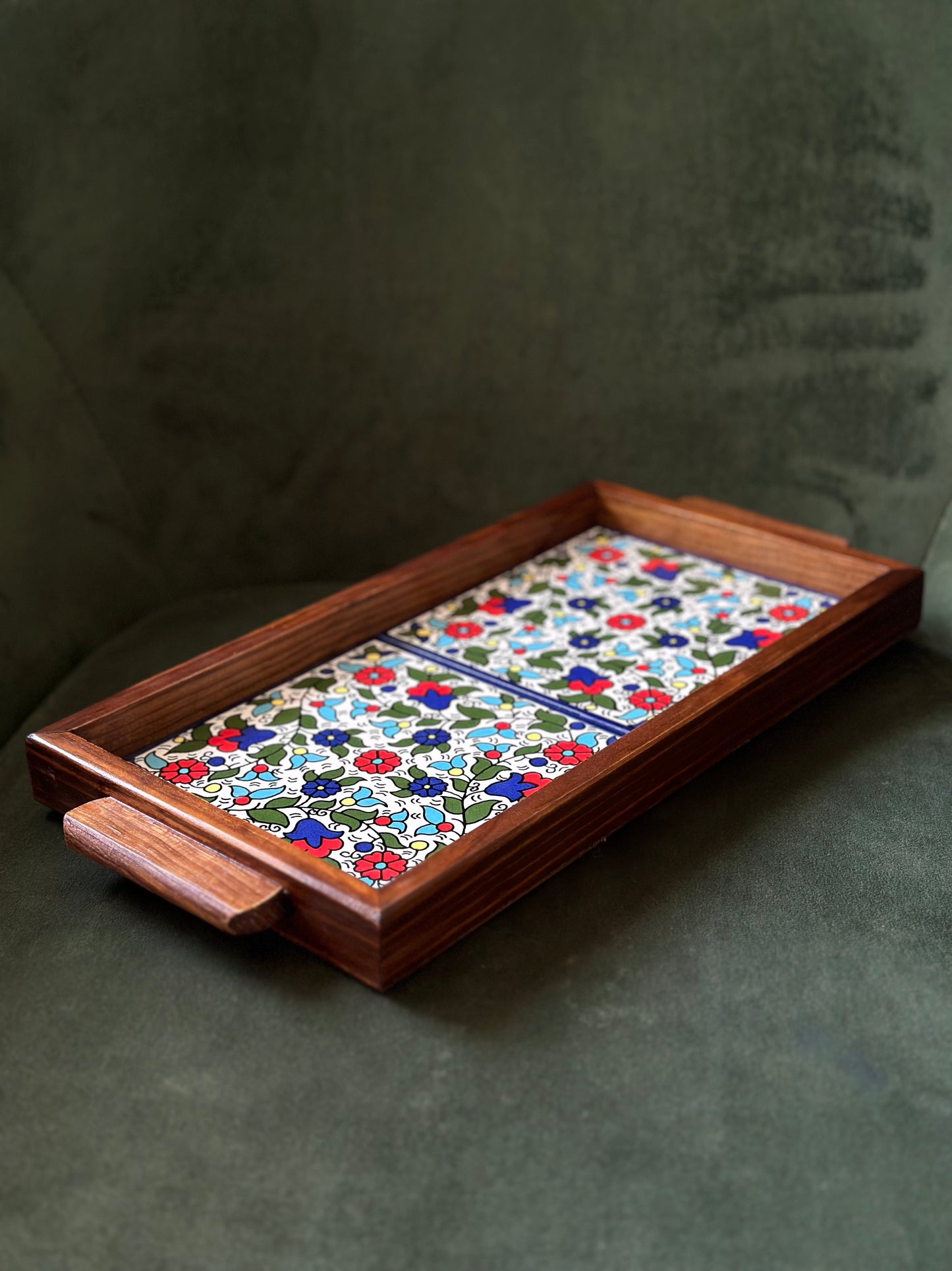 handgefertigte Servierplatte aus Olivenholz und Keramik Kunsthandwerks Boden 31 cm x 17 cm